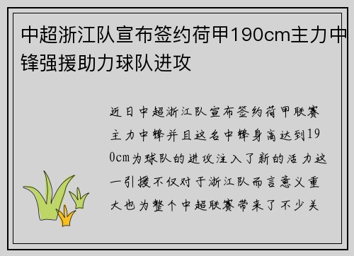 中超浙江队宣布签约荷甲190cm主力中锋强援助力球队进攻
