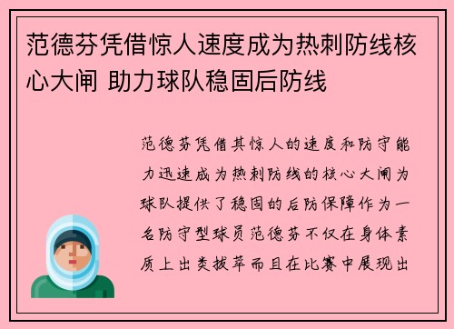 范德芬凭借惊人速度成为热刺防线核心大闸 助力球队稳固后防线