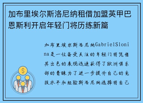 加布里埃尔斯洛尼纳租借加盟英甲巴恩斯利开启年轻门将历练新篇